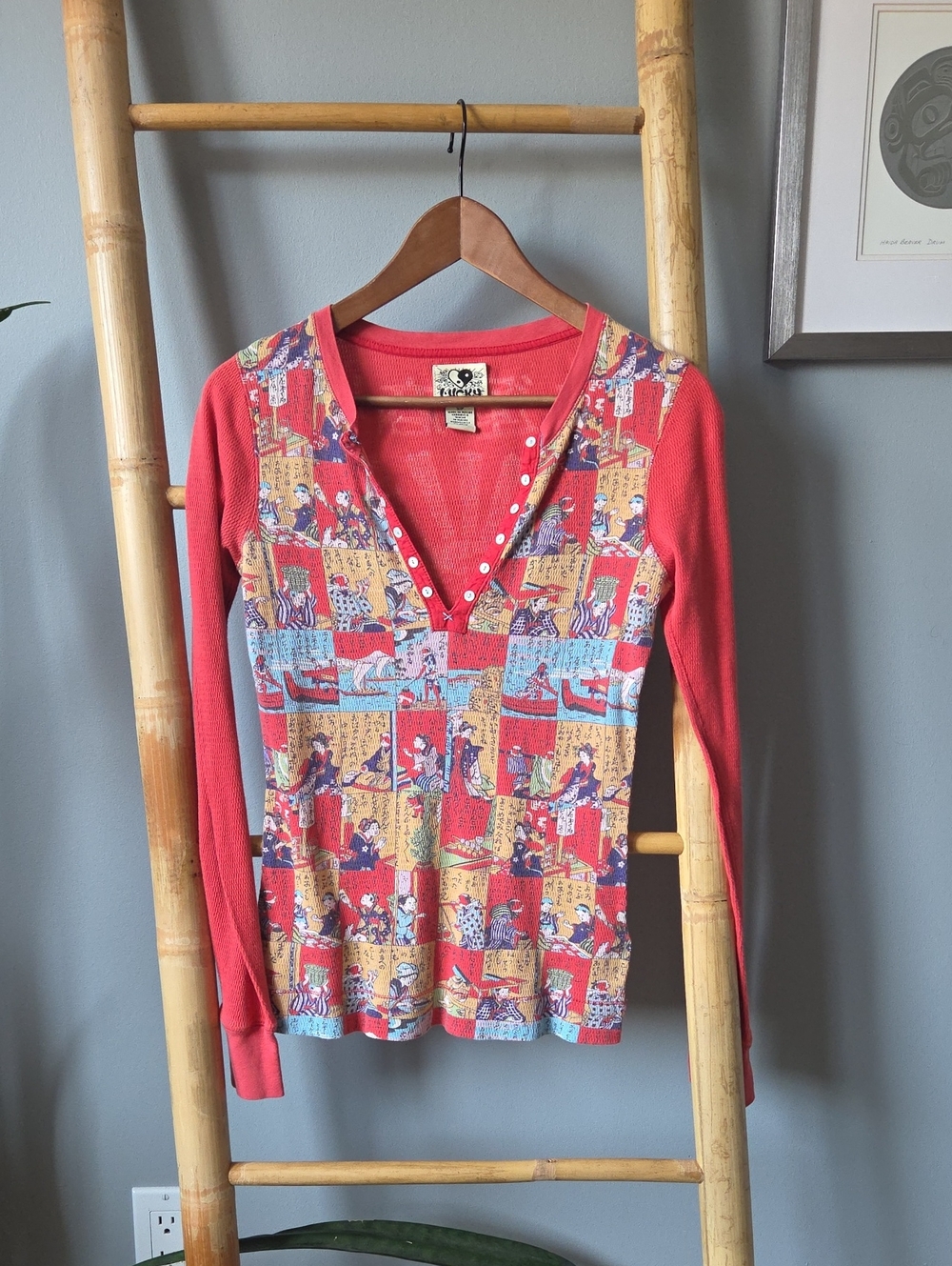Lucky Brand Coral and Multicolor Patchwork V-Neck Long Sleeve Top